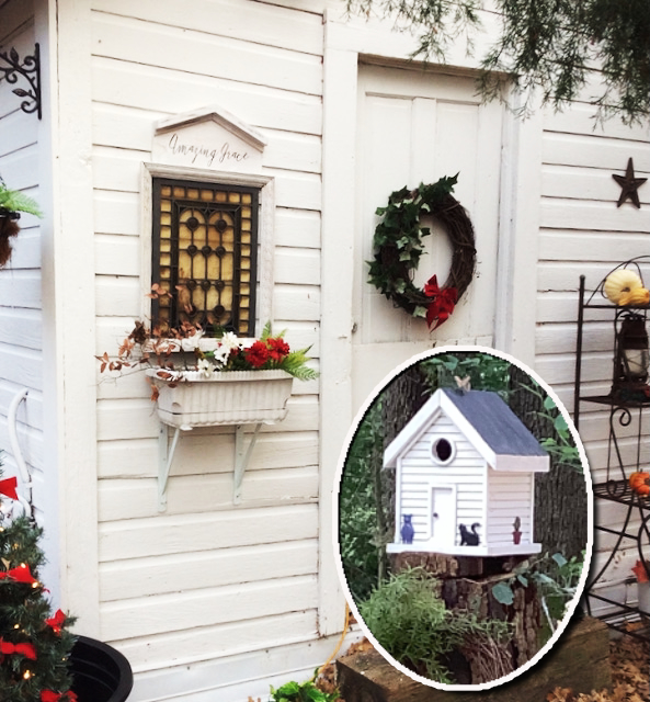 Photo shows my mother's refinished shed with the Birdhouse I designed for her visible in an inset photo.