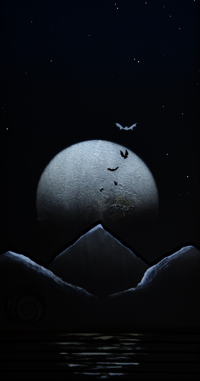 Detailed image of the moonrise painting that covers the front panel of the bat house. A subtly textured moon can be seen rising above distant mountains. the silhouettes of bats flying up from the distance stand starkly agains the white and grey disk of the moon.